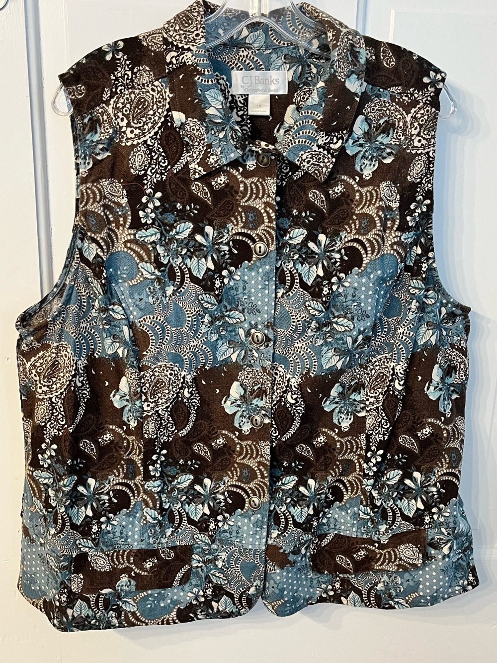CJ Banks Paisley Floral Vest 1X Brown Turquoise Linen Cotton